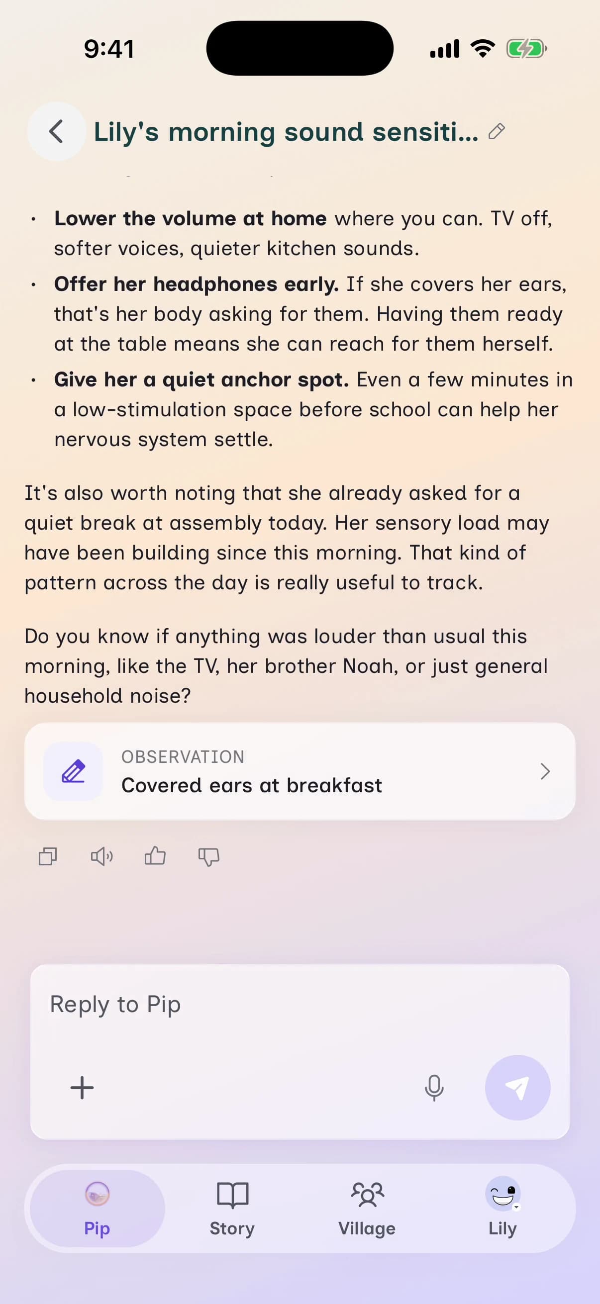 Pip logging a quick voice note from a parent.